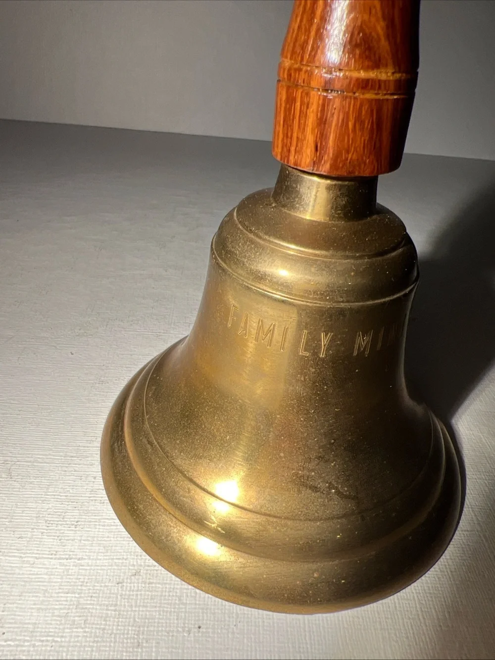 Vintage Brass Hand Bell Wooden Handle Family Ministries Church Bell